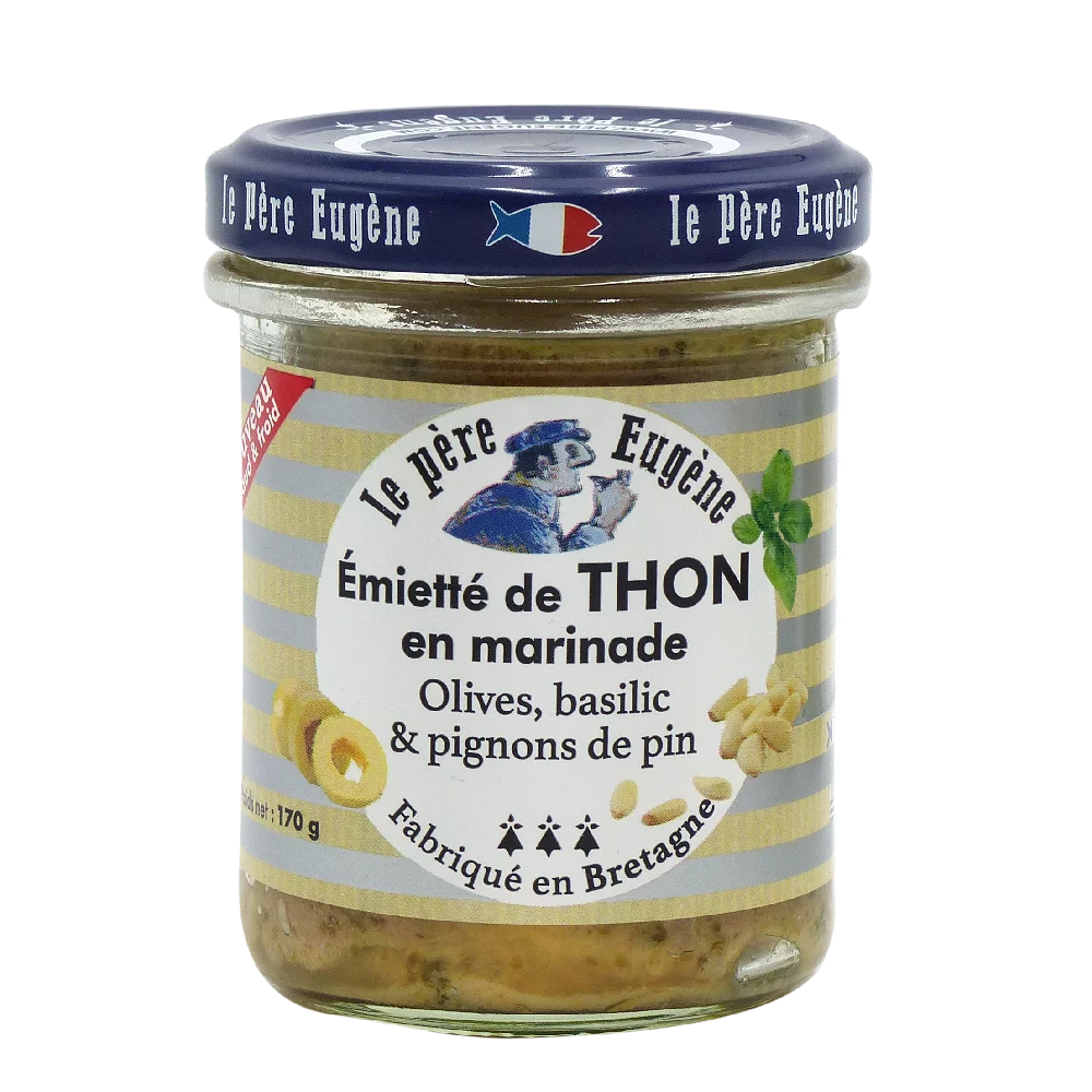 Zerkleinerter Thunfisch, Oliven, Basilikum und Pinienkerne - 170 g