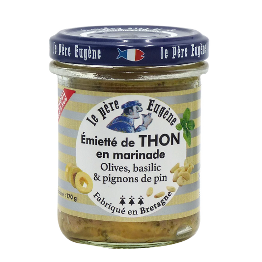 Zerkleinerter Thunfisch, Oliven, Basilikum und Pinienkerne - 170 g